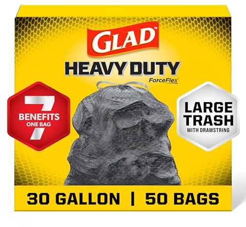 Glad Large 30 Gallon Trash Bags, Unscented Heavy Duty Garbage Bags, Forceflex with Drawstring, 50 Count (Packaging May Vary)