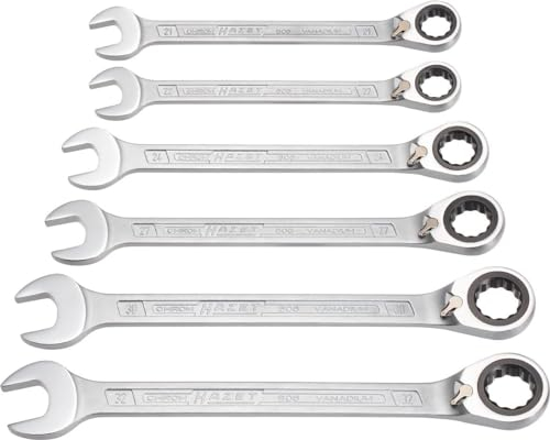HAZET Knarren-Ring-Maulschlüssel Satz 606/6-1 I 6-teiliges Set I Schlüsselweite: 21-32 I Abtrieb: Außen Doppel-Sechskant I Ratschenset für Arbeiten an Auto, Kfz und Motorrad