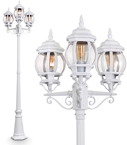 Lampada da esterno Lentua, candelabro in stile antico, metallo in bianco con dischi in plastica, lampada da sentiero a 3 bracci 215 cm, lampada da giardino retro/vintage, E27, IP44, senza lampadina/e