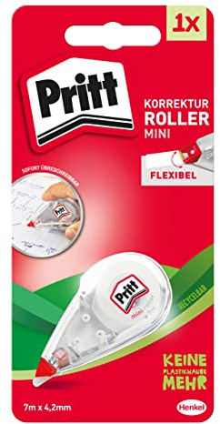 Pritt Korrekturroller Mini, sofort überschreibbar, einfache Anwendung durch flexible Spitze, Bandlänge 7 m, Bandbreite 4,2 mm, PRKMB, Weiß