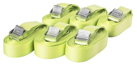 Sandax 6X Spanngurte mit Klemmschloss im Set, 6m lang, 25mm breit, neon-gelb, Zurrgurte mit Klemmverschluss kurz, belastbar bis 250kg, DIN EN 12195-2, Einteilige Befestigungsgurte Klemmschlossgurte