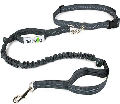 Tuff Mutt Freihändige Hundeleine zum Laufen, langlebige Doppelgriff-Bungee-Leine ist 1.2 m lang mit reflektierenden Nähten und einem verstellbaren Taillengürtel, der bis zu 107 cm Taille passt