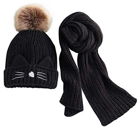 JFAN Scarf Set Mössa Barn Flickor Vinterhatt för barn Fleece Foder 2-8 år Päls Pomponhatt för barn små halsdukar Set Stickade Hattar, Svart, one size