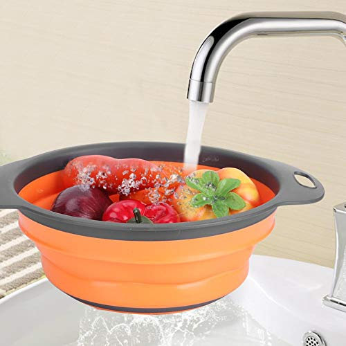 2Pcs Passoire Pliable Fruits Légumes Lavage Drain Panier Passoire Pliante(Orange, Large+Small)