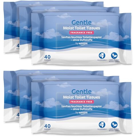 by Amazon Carta igienica delicata e umida, inodore, fine a filo, Senza profumazione, 240 pezzi (6 confezioni da 40) (Precedentemente Marchio Presto!)