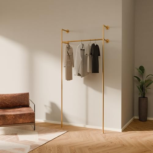 pamo Percheros Pared 105 cm – 140 kg I Armario Abierto Metal Dorado I Perchero Burro Ropa Industrial I 222 cm × 32 cm I Dorado I Acero con Recubrimiento en Polvo ClearGuard