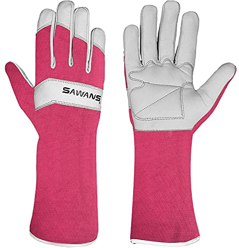 SAWANS Long Gardening Gloves Leather Ladies Men Women Durable Goatskin Garden Gloves Forearm Protection Thorn Proof Gardener Work Spandex Sleeves Rose Pruning Gift (Pink, L)