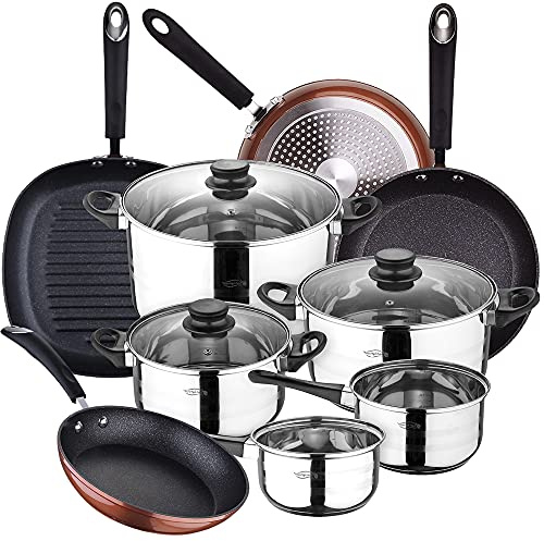 San Ignacio, Bateria de cocina 8 piezas Toledo, acero inoxidable, con juego sartenes (20/24/28 cm) y grill 28 cm Moma en aluminio forjado