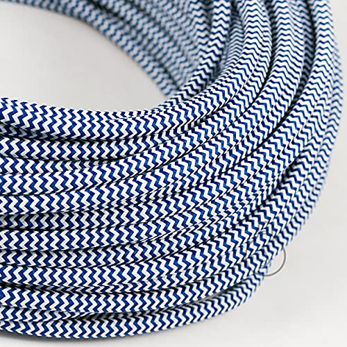 Amarcords - Câble électrique textile couleur ZIG-ZAG BLANC ET BLEU, rond, soie, 1 mètre, avec mise à la terre 3x0,75 - Fil vintage en tissu coloré, pour lampes, lustres, appliques et abat-jours.