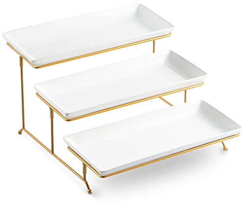 LYEOBOH Ensemble de grands plateaux de service à 3 niveaux avec support pliable et robuste, plateau de service à étages de pour apéritifs, fruits, desserts et cupcakes, blanc