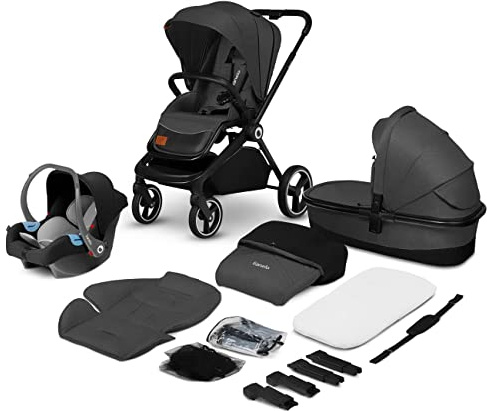 LIONELO Mika 3in1 Set Kinderwagen, Babywanne, Babyschale. Im Set Moskitonetz, Fußabdeckung, Regenschutz. Wartungsfreie Gummiräder. Leichte Konstruktion (GREY GRAPHITE)