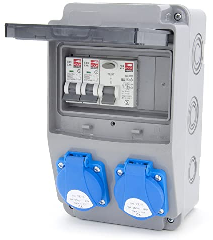 ELS Elektrotechnika Steckdosenverteiler Baustromverteiler Wandverteiler Schuko 2x230V + Sicherungen Leitungsschutzschalter 2x LS C16 +FI40 Verdrahtet und Anschlußfertig für Innen- und Außenräume, IP54