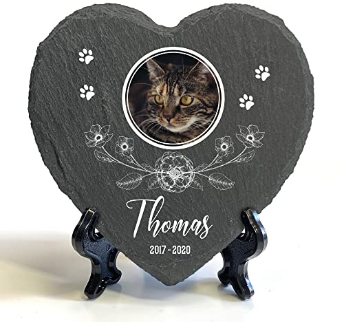 Individueller Personalisiert Groß Herzform Tiergrabstein Schiefer Gedenkstein + Ständer für Hund, Katze und andere Haustiere Tiere - Größe | 25 x 25 cm | - Blumenherz
