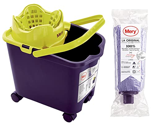 Mery | Set cubo e mocio in microfibra | Benna scolapiatti automatica e ruote a 360º | Extra Large Mop Head Absorbent Mop Non lascia Ratro | Viola | 14L | Dimensioni :38,2 x 25,5 x 39,5 cm