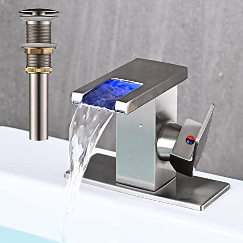 AVSIILE LED Bathroom Sink Faucet, Brushed Nickel Waterfall Single Hole Handle Vanity Faucets for Sinks 1 Hole with Metal Pop Up Drain and 2 Water Supply Lines, Side Handle