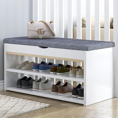 Warmiehomy Shoe Storage Bench 2 Tier Shoe Bench With Cushion Storage Shelf Multifunctional Storage Cabinet Hallway Bench For Bedroom Living Room White