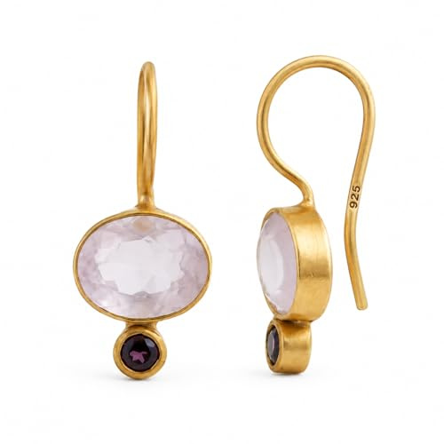 Orecchini in argento sterling 925 placcato oro con quarzo rosa e granato rodolite- Gemma Naturale - Regalo di Compleanno - Regalo di Natale - Idee Regalo Fatto a Mano per le Donne