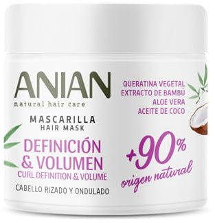 ANIAN - Mascarilla de Pelo Definición y Volumen, 350 ml, para Cabello Rizado y Ondulado, Hidrata el Cabello en Profundidad, Rizos Flexibles y Definidos, con Queratina, Aceite de Coco y Aloe Vera