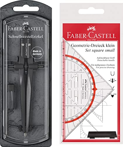 Faber-Castell 174530 - Schnellverstellzirkel Stream, Blackstone mit original Geodreieck 14cm (mit Griff) Geometrie Set