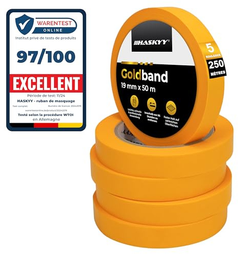 HASKYY Goldband Malerkrepp Kreppband 5x Malerband 19mm x 50m Profi Abdeckband Malertape Klebeband Washi Tape Gold Papiertape Selbstklebend