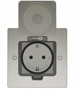 Bodeneinbausteckdose ELBE Inno, Einzelsteckerdesign, schlankes Designprofil, Plattenstärke 2 mm, IP44 Wasser+staubdicht, Klappsteckdose, Zuglaschen-Pop-up-Design, 180° Öffnung