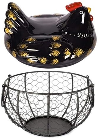 Basket Hen for Eggs Chicken Design Ceramic Egg Storage Basket Iron Basket Holds 20-25 Eggs, Container Egg Basket Holder Egg Storage