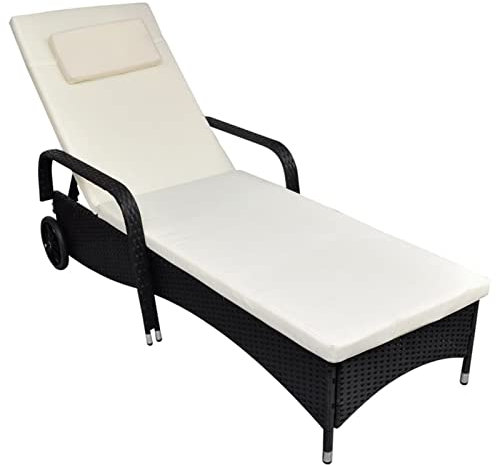 Rantry Sonnenliege mit Polster und Rollen Gartenliege Möbel Relaxliege Rattanliege Strandliege 4-Fach Verstellbar Rückenlehne Liege für Garten Balkon Poly Rattan Schwarz