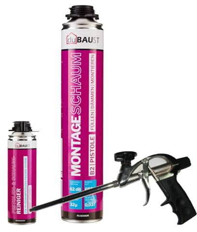 dubaust MSP24 Bauschaum Montageschaum Pistolenschaum 750ml Kombisets PU Dämmschaum hohe Schalldämmung Wärmedämmung Isolierend B2 (mit Reiniger PRS24 500ml + Schaumpistole Profi Teflon, 1x 750ml)