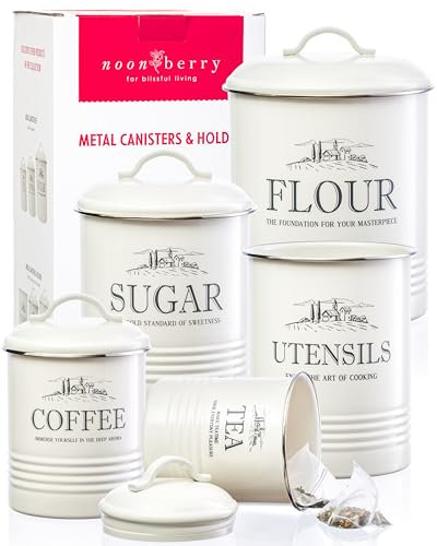 noonberry Kitchen Canisters for Countertop – 5-Piece Airtight Flour Sugar Coffee Tea Kitchen Canister Set with Utensil Holder – Sugar and Flour Containers for Kitchen Counter, Cream-White Finish