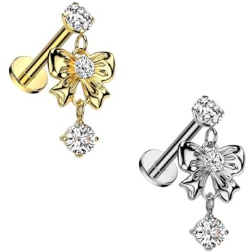 beyoutifulthings Lippen-Piercing Zirkonia Schleifen-Anhänger Gold Silber Piercing-s Lippe Stecker Chirurgenstahl Schraub-Verschluss Stab 8-mm lang 1,2-mm