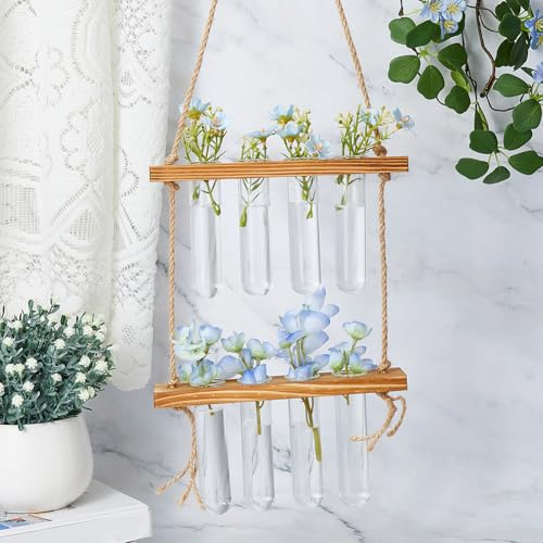 SUPERFINDINGS 2 Tier Hanging Plant Propagation Stations Wall Glass Planter Terrarium with Wooden Stand 9 Tubes Glass Planter Tubes for Hydroponic Plants Plant