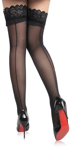 ohyeahlady Talla Grande Medias Autoadhesivas Mujer Con Silicona Encaje Collant con Costura Trasera Medias de Liga Fantasía Collants Stockings Altas Lencería Lingerie Curvy en Caja (Negro,3XL-5XL)
