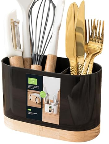 Contenedor de cubiertos, contenedor de palillos, estante de almacenamiento de cubiertos, soporte para utensilios de cocina, escurridor de cubiertos, base de madera, estante de almacenamiento de cocina
