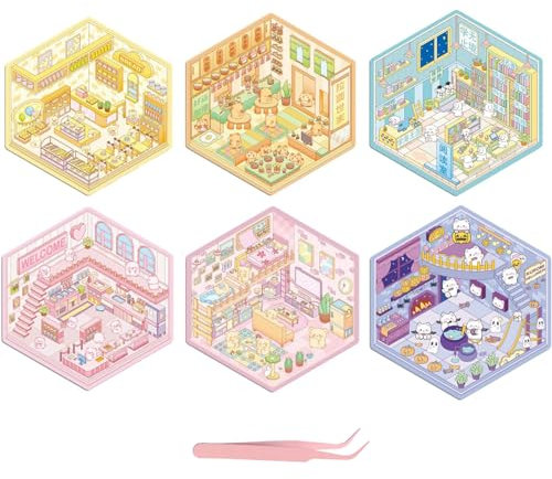 6 Stück 3D Sticker Scene, 3D Sticker Maker, DIY 3D House Stickers, Netter Cartoon Fun 3D Aufkleber Szene, Dekoratione Relief Stress für Erwachsene und Kinder, Stacking Scene Stickers (Mit Pinzette)