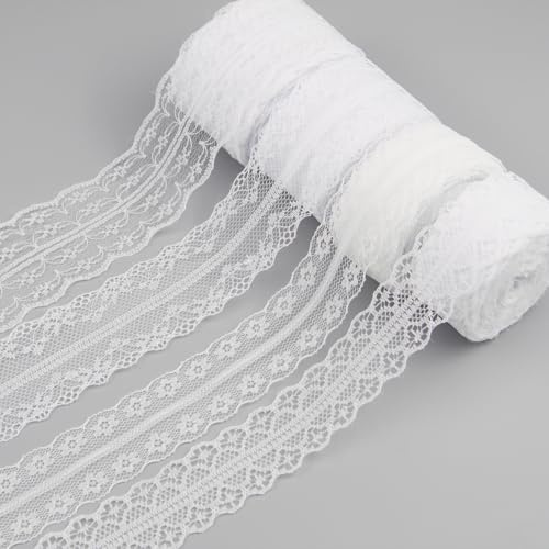 4 Rollen 40 m Spitzenbordüre Spitzenband Weiß Vintage Geschenkband Dekorative Spitzenborte für Nähen, Hochzeit, Tischdekoration, Bastelarbeiten und DIY