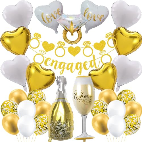 Engagement Party Decorations Engaged Banner - 30 Pcs Wedding Decoration Including Gold Diamond Ring Banner Love Balloons Confetti Balloons for Romantic Valentine'S Day Party Supplies