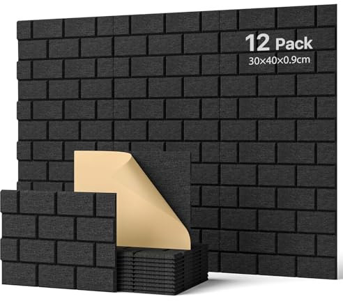 Soundsbay Lot de 12 panneaux acoustiques autocollants muraux rectangulaires - Type de brique - Pour traitement acoustique et décoration murale - 30 x 40 x 0,9 cm - Noir