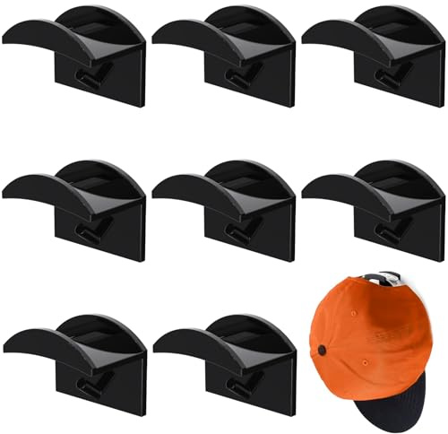 Pcsfoe 8 Stück Minimalistischer Cap Halterung für Wandmontage - Huthalter für Baseball Kappe, Basecap (Schwarz)