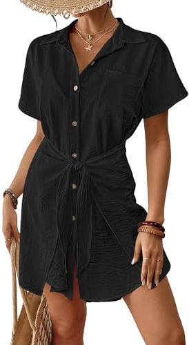 Bsubseach Womens Button Down Beach Cover Up Dress Swimsuit Black M