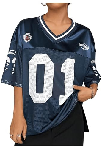 GORGLITTER Women's Letter Graphic Loose Jersey Oversized T Shirts V Neck Half Sleeve Mesh Streetwear Tops Dark Blue Medium