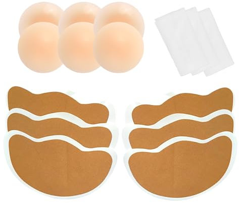 CUKIN 6-Pack Invisible Breast Lift Tape with Silicone Nipple Covers | No-Slip Support & Lift Adhesive Bra Tape for Women | 3 Sizes for A-F Cup Beige