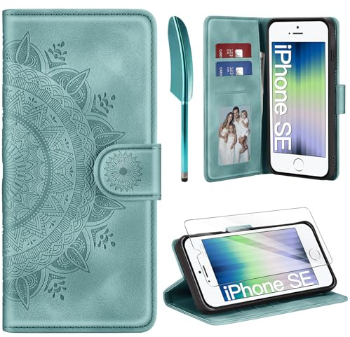 ivencase für iPhone SE 2022/2020 iPhone 8/7 Hülle und Schutzfolie, Grün | Premium Klappbar Handyhülle, Magnet, Kartenfach, Ständer, PU Leder, Flip Wallet Schutzhülle