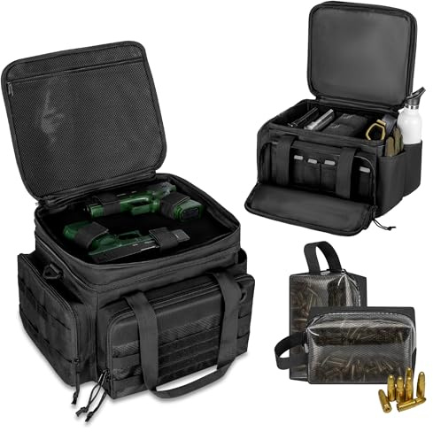 GOBUROS Gun Range Bag for 4 Handguns, Tactical Pistol Range Bag with 2 Ammo Storage Pouches & 6x Magazine Slots, Gun Duffle Bags with Lockable Zipper for Shooting Outdoor Hunting, Black