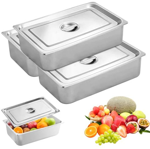 PORFOYO Stainless Steel Container with Lid, 3-Piece Breading Bowl Set, Stainless Steel Bowl, 32.5 x 17.5 x 6.5 cm for Breading Marinating, Serving Ideal as Gastro Container for Meat Fish Cutlets