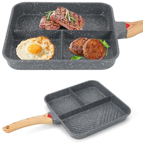 COZHYESS Non Stick Frying Pans, 3 in 1 Non Sticks Fry Pan with Wooden Handle, Small Induction Egg Frying Pan 28cm, Non Stick Coating Divided Pan Suitable for All Cooking Hobs