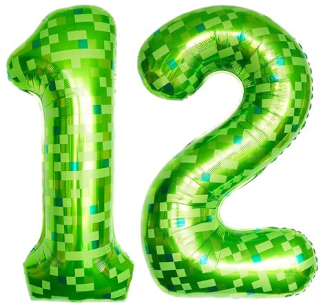 ParPix Pixelmotiv Zahlen Luftballon 12. Geburtstag Junge Mädchen, Grün Pixel Thema 40 Zoll Folienballon 12, Pixel Miner 12 Geburtstag Zahlen Ballons, Helium Ballon 12, Geburtstagsdeko 12 Jahre Ballon