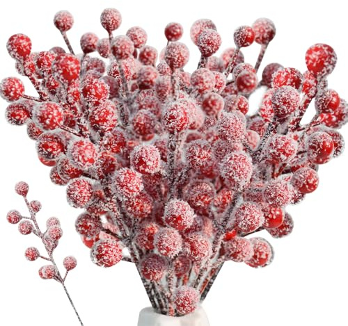 Rppiup 30 Pcs red Berries Christmas Decorations, 8.9 Inch Red Berries for Christmas Tree, Red Berry Stems Christmas Wreath Making Supplies, Holly Berries for Wreath Decorations DIY Crafts Holiday Home