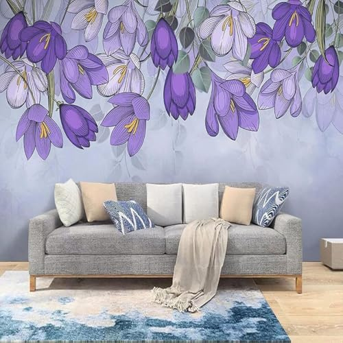 XLMING Plantes D'Art Peintes À La Main Simples Fleurs Violettes 3D Papier Peint Texture Soyeuse Intissé Salle à Manger Bureau D'étude Canapé Chambre Salon TV Mur-430cm×300cm