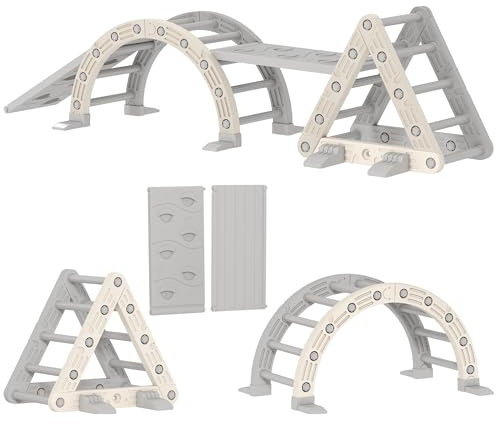 AIYAPLAY parque infantil de interior, triángulo de escalada 5 en 1 con tobogán, arco de escalada, incl. rampa de doble cara, parque infantil de interior para niños de 18 a 48 meses, gris+blanco