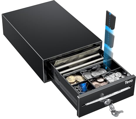 Tera Cash Register Drawer 8 Mini: 4 Bill 6 Coin Small Cash Drawer Auto Open with Media Slot 24V RJ12 Cable for POS System Key-Lock Removable Coin Separators for Small Business Retail Counter 208